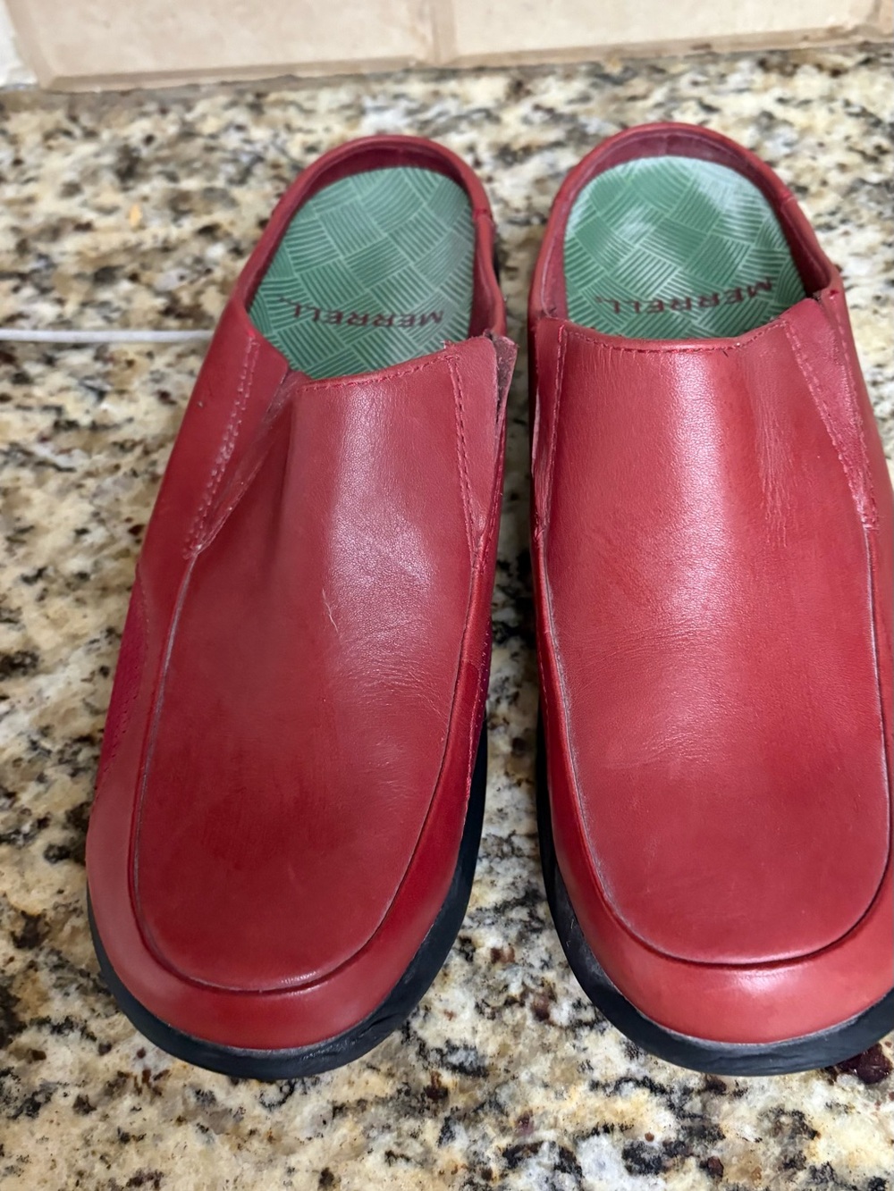Merrell Red Slip-On Leather Mules with Green Insole
